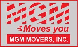 A red and white logo for mgm movers