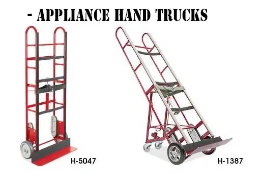 A red appliance hand truck and a white cart.