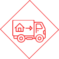 A red truck with an arrow pointing to the back of it.