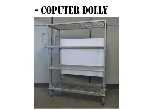 A dolly is shown with three shelves.