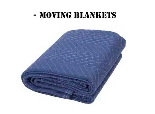 A blue blanket is folded up and has the words " moving blankets ".