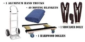 A moving dolly, blanket and other items are arranged in a pile.